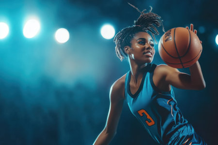 Female basketball player dribbling ball during championship gameの素材