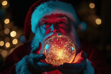 Santa claus holding glowing christmas ornament in atmospheric lightの素材