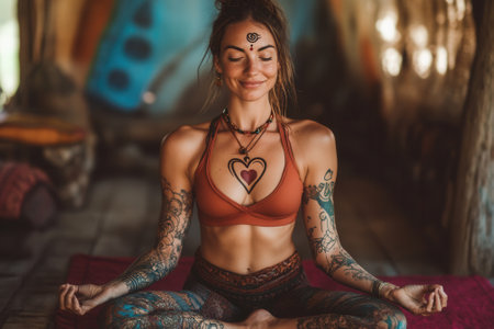 Yogi woman meditating in lotus pose, finding inner peace and mindfulnessの素材