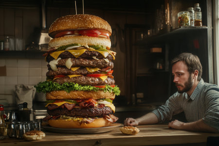 Cook admiring a giant burger in a restaurant kitchenの素材