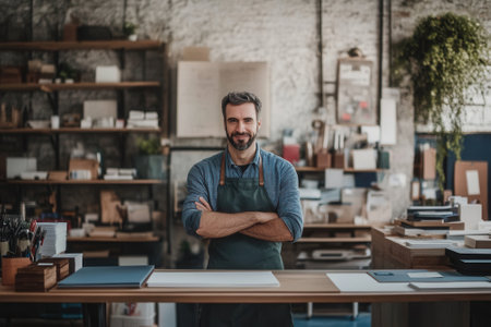 Confident artist smiling with crossed arms in his workshopの素材