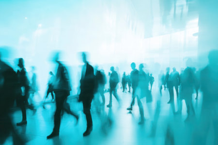 Crowd of business people walking in a blurred motion in the hallの素材