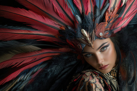 Fashion model wearing stunning feather headdress and tribal clothingの素材