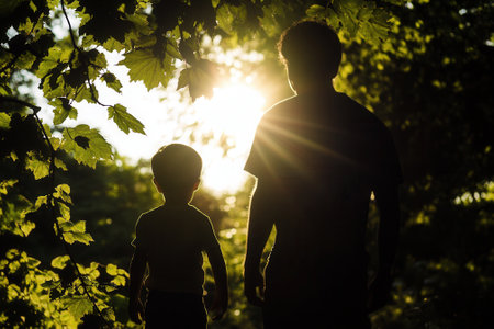 Father and son admiring sunset light in natureの素材