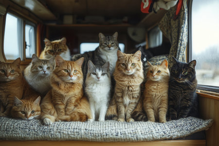 Many cats sitting together inside a camper vanの素材