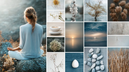 Woman meditating with a moodboard featuring serene nature imagesの素材