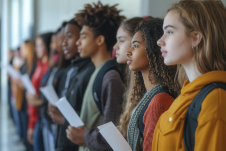 Students standing in line holding papers and waitingの素材