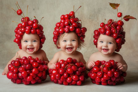 Three adorable babies wearing cherries smiling and having funの素材
