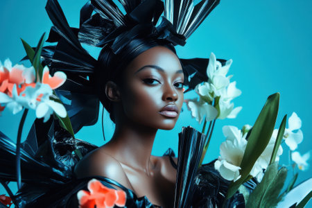 Model posing with plastic and flowers promoting sustainability and environmental awarenessの素材
