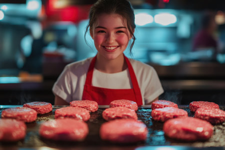 Young cook smiling while grilling burgers in restaurant kitchenの素材