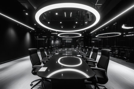 Modern black and white conference room with circular lights reflecting on tableの素材