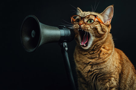 Ginger cat wearing glasses screaming into megaphone on black backgroundの素材