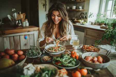 Young woman enjoying fresh vegetarian meal in rustic kitchenの素材