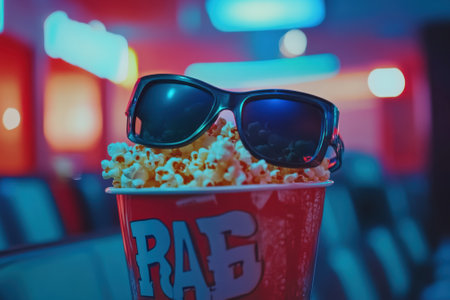 3d glasses resting on popcorn bucket in cinemaの素材