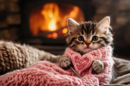 Cute kitten knitting pink wool with large needles by the fireplaceの素材