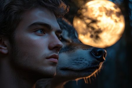 Young man and wolf sharing a moment under full moonの素材
