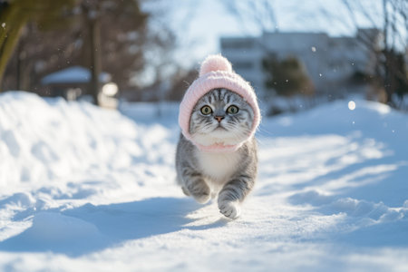 Cute cat wearing pink woolen hat running in snowの素材