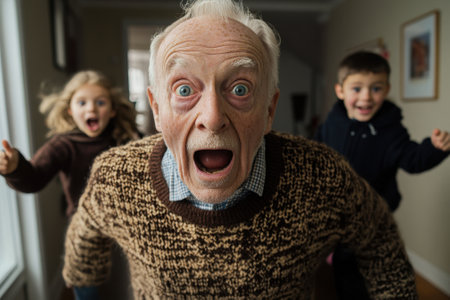 Grandfather astonished by grandchildren running towards himの素材