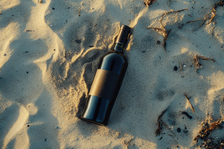 Bottle of red wine laying on the sand at sunset on the beachの素材