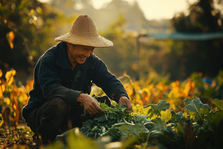 Happy farmer harvesting vegetables in lush field at sunsetの素材