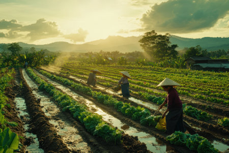 Farmers working in vegetable field at sunset in southeast asiaの素材