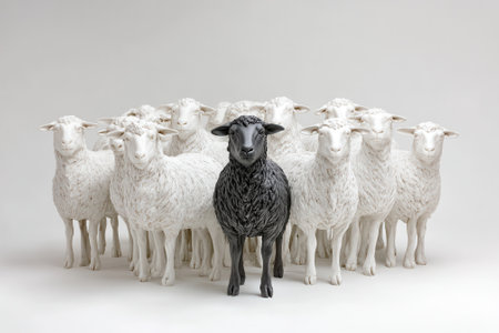 Black sheep standing out from the crowd of white sheepの素材