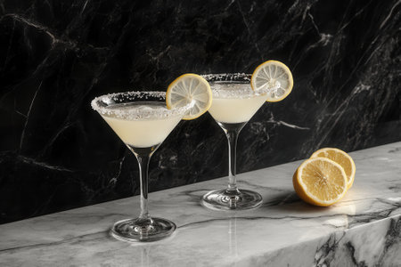 Two sidecar cocktails with sugared rims and lemon slices on marble bar topの素材