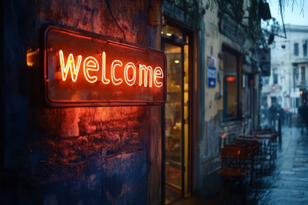 Neon welcome sign illuminating rainy city street at duskの素材