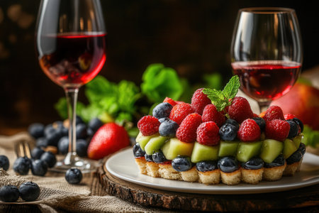 Delicious fruit tart with red wine and fresh berries on rustic tableの素材