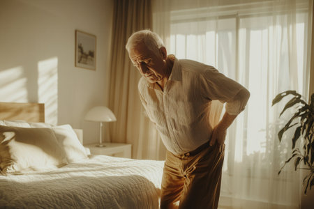 Senior man suffering back pain while getting out of bed in the morningの素材
