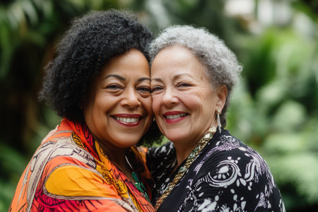 Two smiling senior women embracing in a gardenの素材