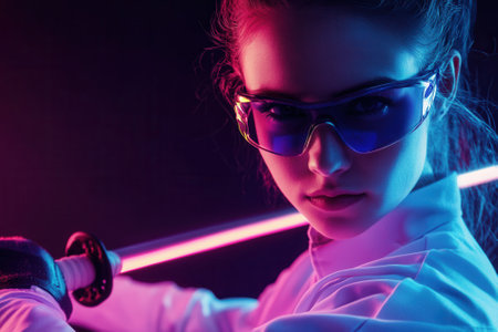 Kendo fighter wearing protective glasses and holding katana under neon lightsの素材