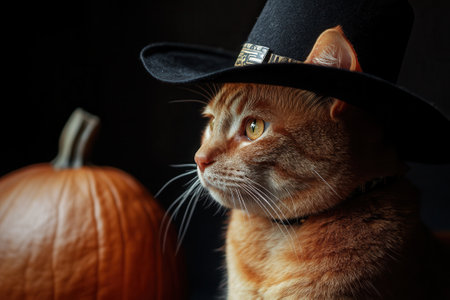 Ginger cat wearing cowboy hat posing near pumpkin, halloween pet portraitの素材