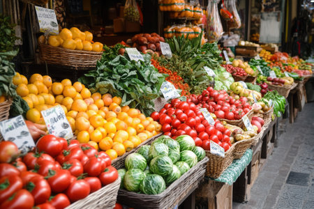 Fresh produce displayed at a vibrant outdoor market showcasing the mediterranean dietの素材