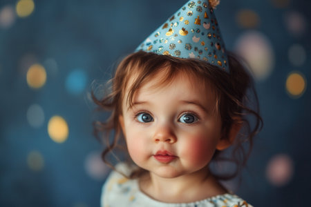 Baby girl wearing party hat celebrating new years eve or birthdayの素材