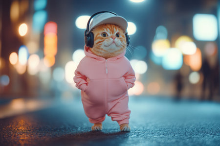 Ginger cat wearing headphones and pink outfit walking at nightの素材