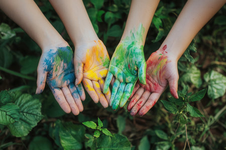 Children showing painted hands with green leaves in backgroundの素材