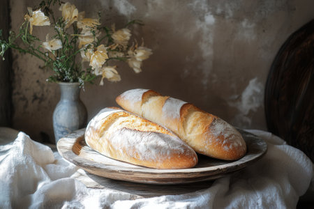 Two freshly baked baguettes resting on wooden plate with dried flowersの素材
