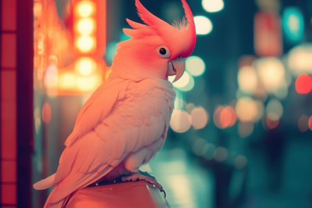 Pink cockatoo perched on a railing in a cyberpunk city at nightの素材