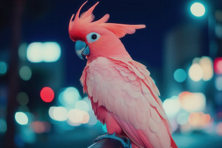 Beautiful pink cockatoo perched in cyberpunk city at nightの素材
