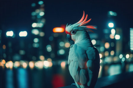 Cyberpunk cockatoo posing with blurred city lights in the backgroundの素材