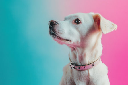 White dog looking up with pink and turquoise backgroundの素材