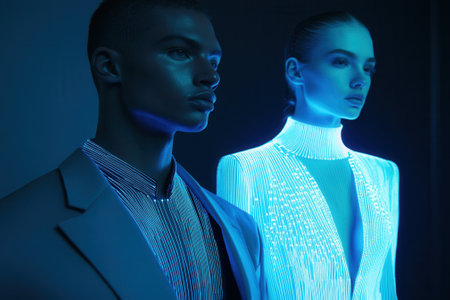 Futuristic fashion models wearing glowing clothes in cinematic lightingの素材