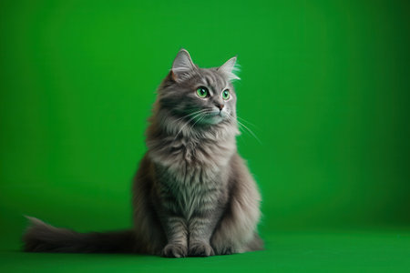 Adorable grey long haired cat posing on green backgroundの素材