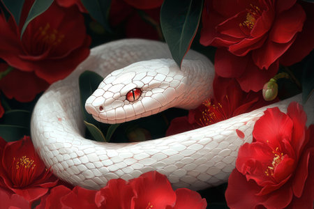 White snake resting among red camellias, a captivating contrastの素材