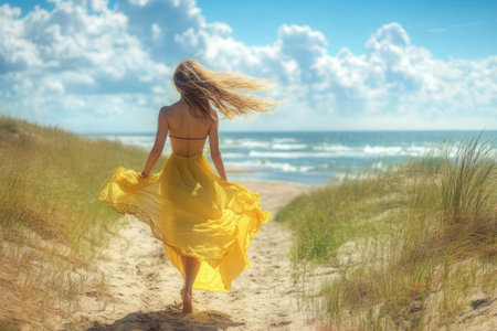 Young woman walking on a sandy path to the beach on a sunny dayの素材