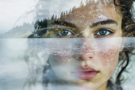 Woman face merging with mountain lake and forest landscapeの素材