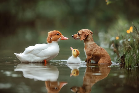 Small brown dog, duck, and duckling meeting in shallow waterの素材