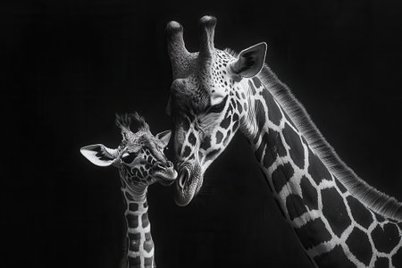Mother giraffe nuzzling its young calf in black and whiteの素材