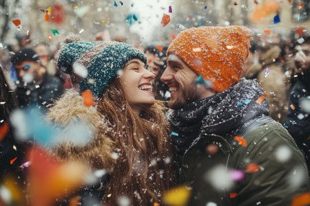 Happy couple celebrating new years eve under falling confetti and snowの素材